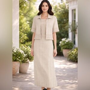 Lara Elizabeth 2 Piece Linen Blend Dress Jacket Set Beige Midi Size 16